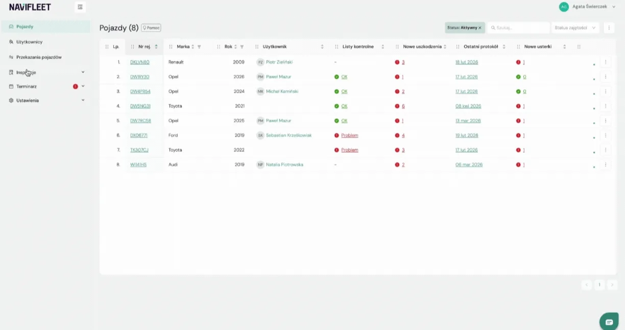 Quick inspection filters – screenshot of the Navifleet app