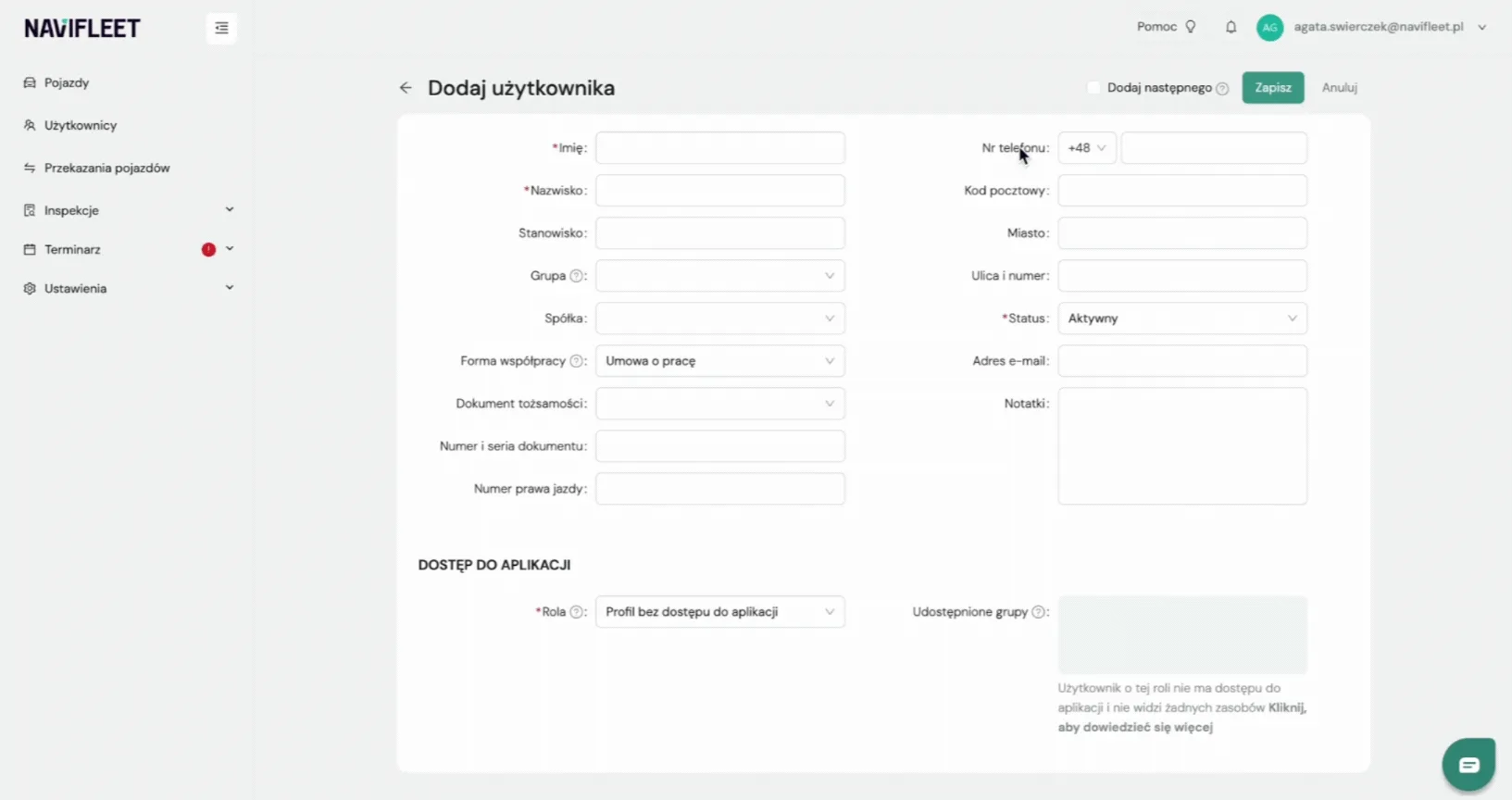 Quickly adding several people – screenshot of the Navifleet app