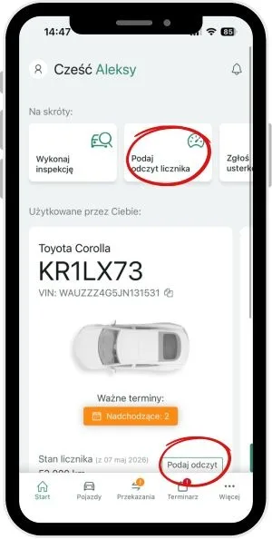 To update the odometer reading: – screenshot of the Navifleet app