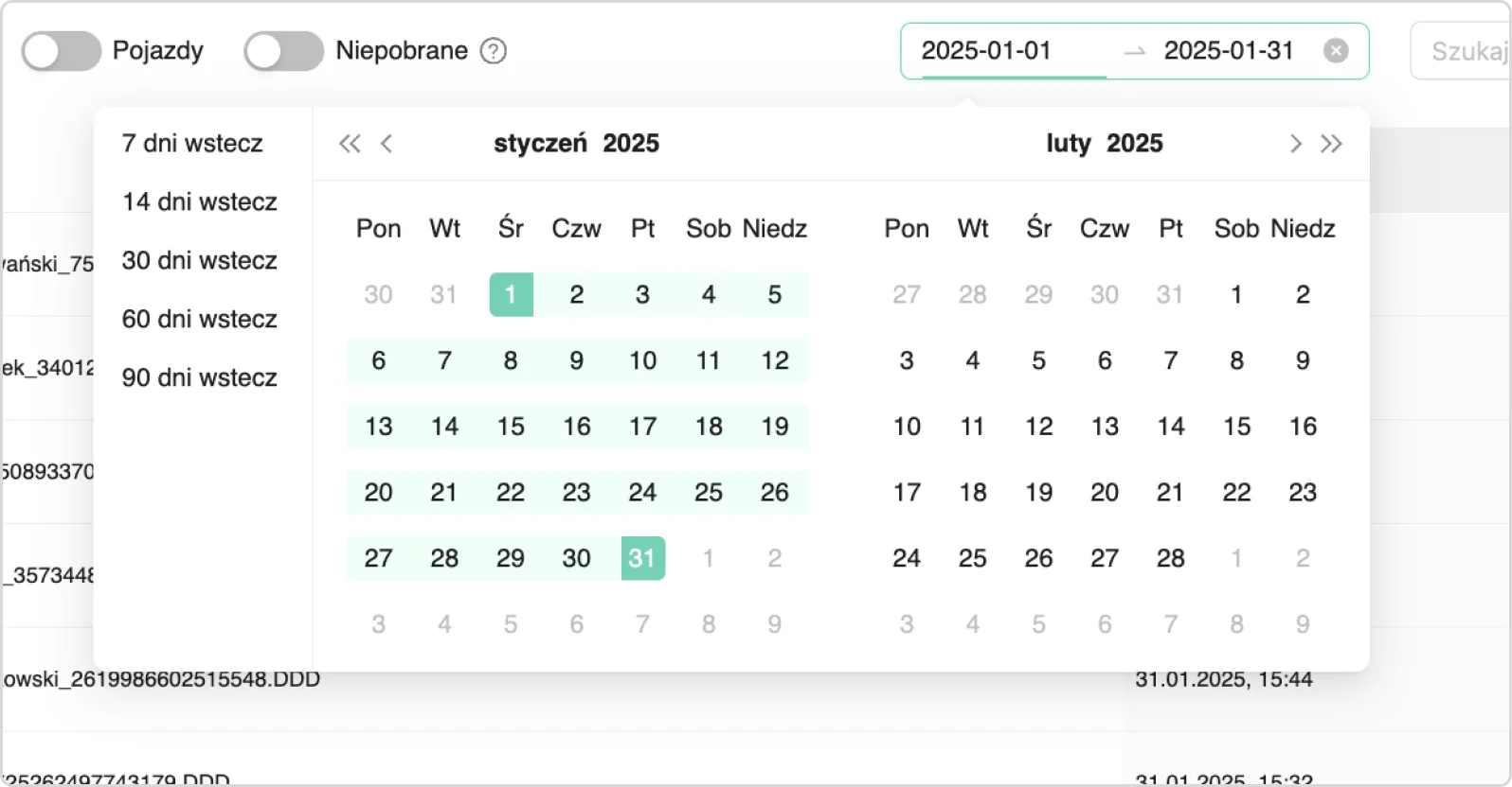 Available filters: – screenshot of the Navifleet app