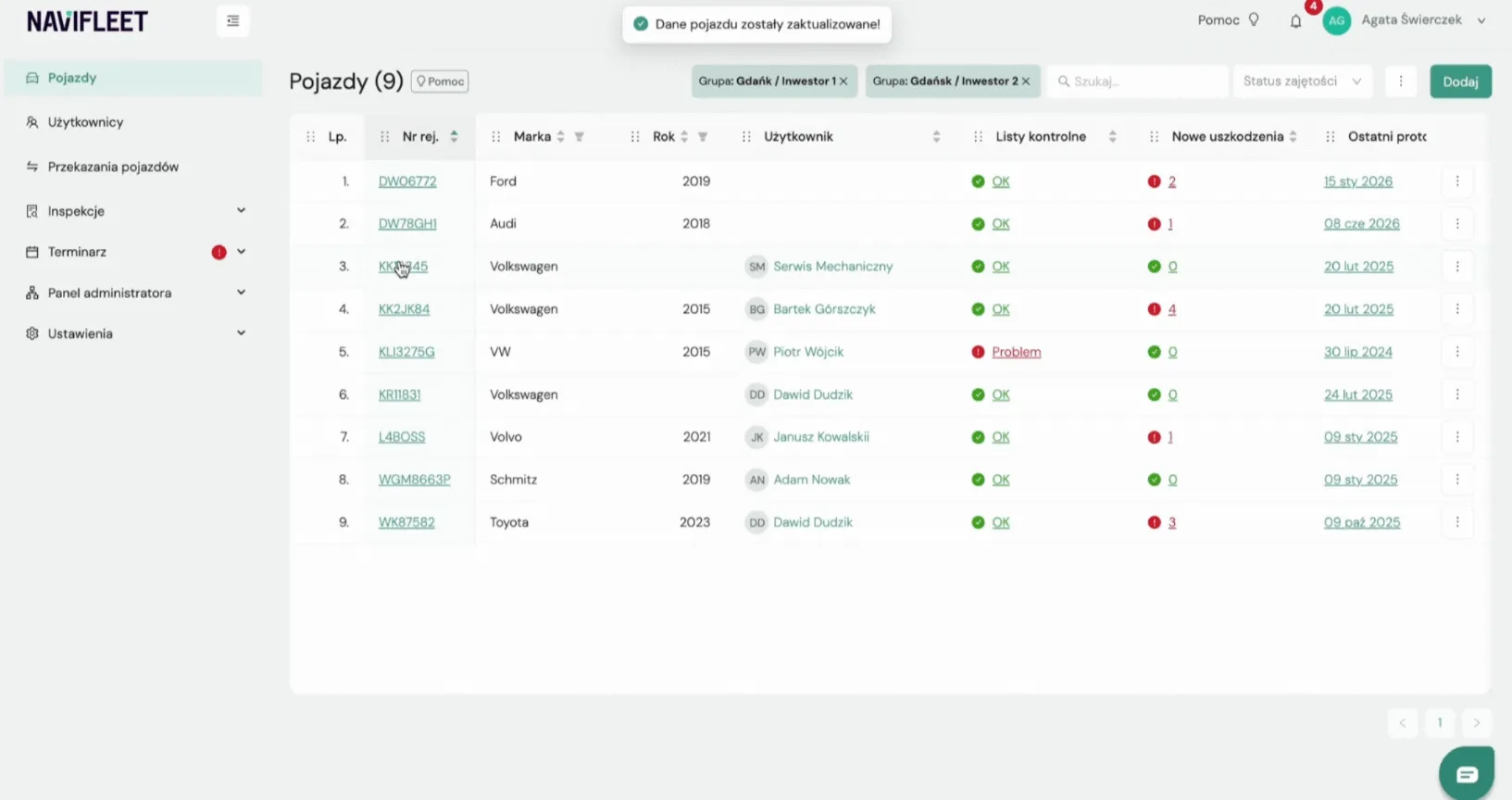 Handover types and their rules – screenshot of the Navifleet app