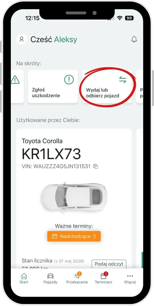 Completing a vehicle handover report – screenshot of the Navifleet app