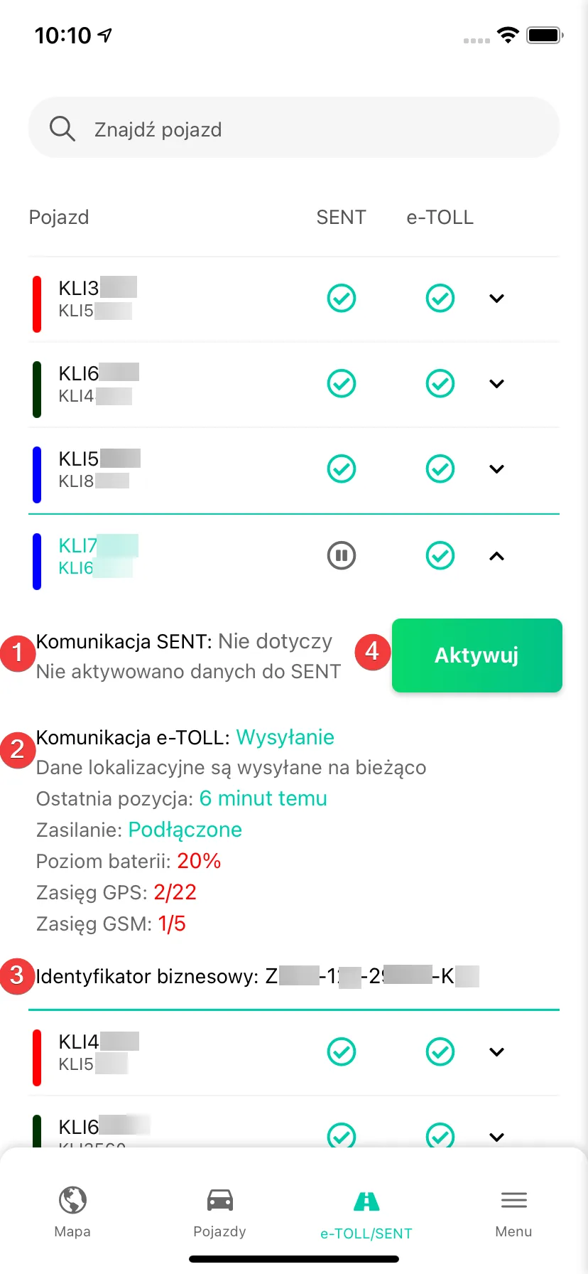 How to activate and control communication with the SENT system in the Navifleet mobile app? – screenshot