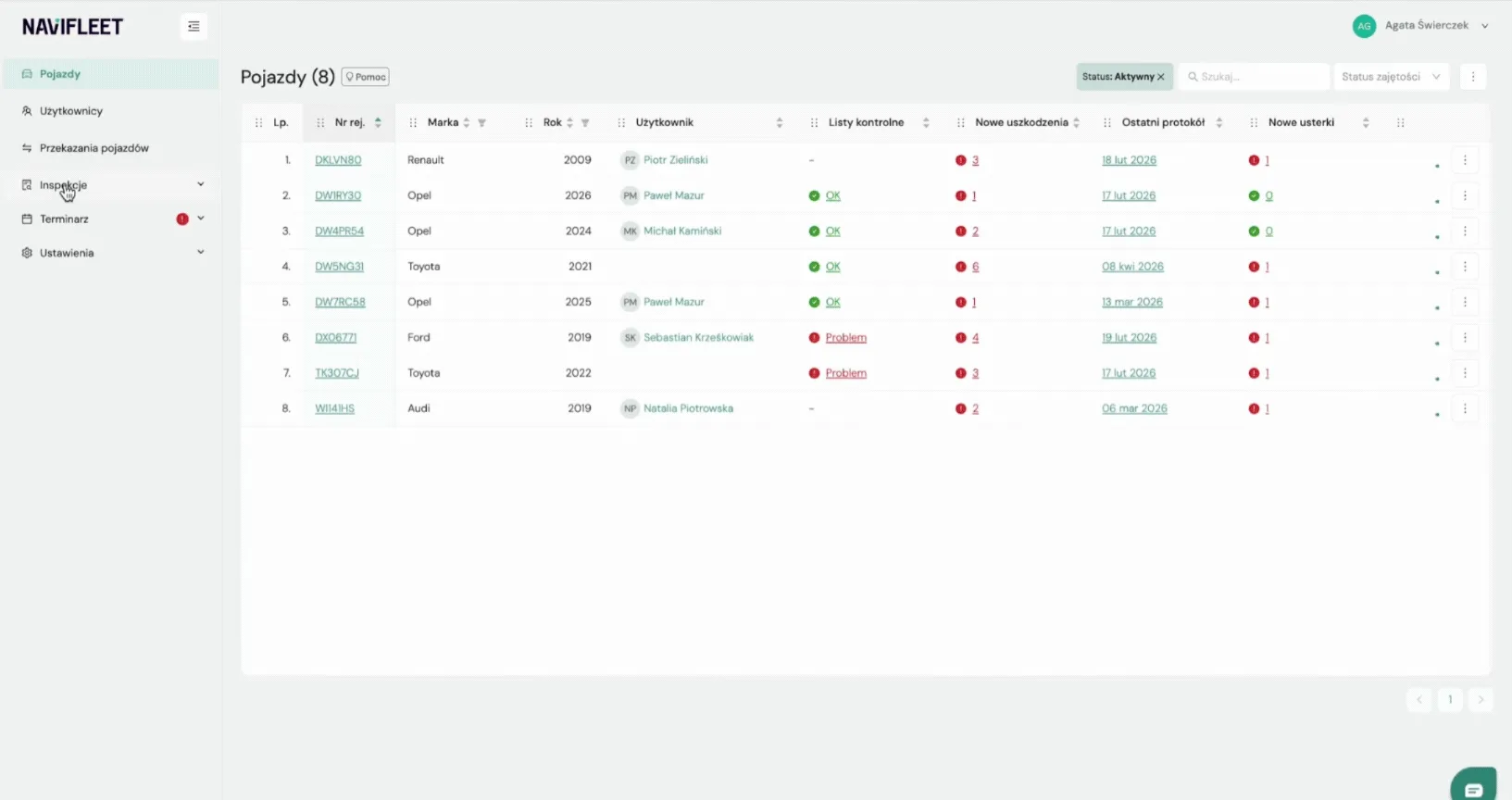 Exporting the damage list – screenshot of the Navifleet app