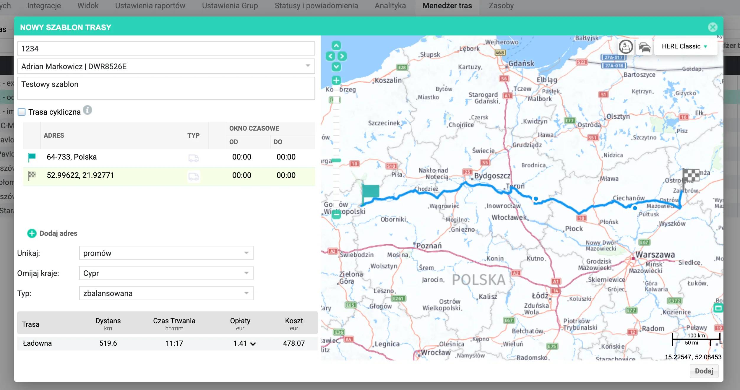 Creating route templates and recurring routes – screenshot of the Navifleet app
