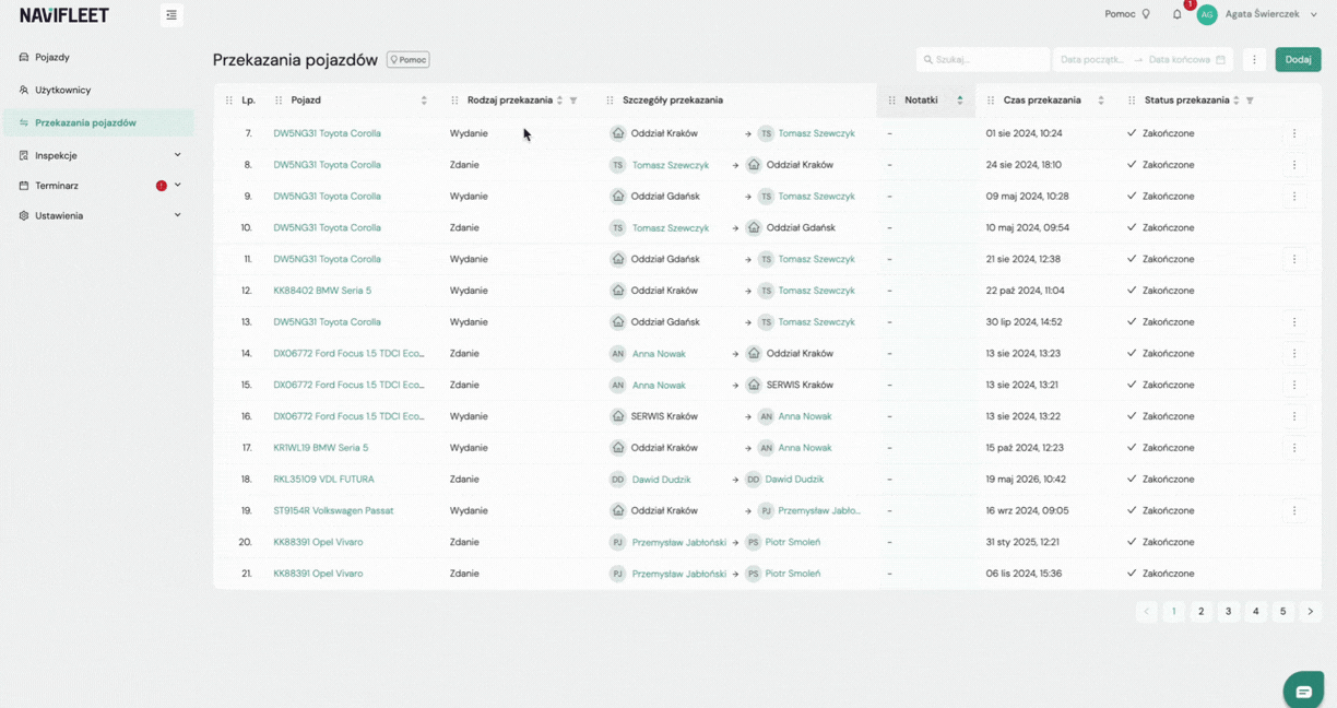 Downloading the list to an XLS file – screenshot of the Navifleet app