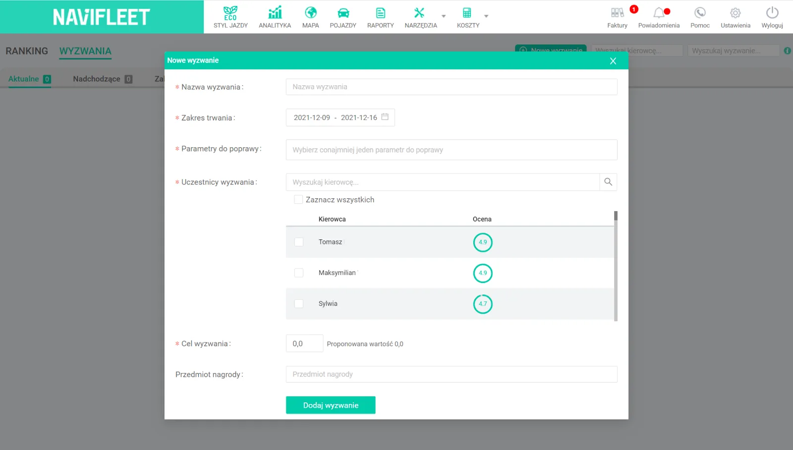 How to create a challenge? – screenshot of the Navifleet app