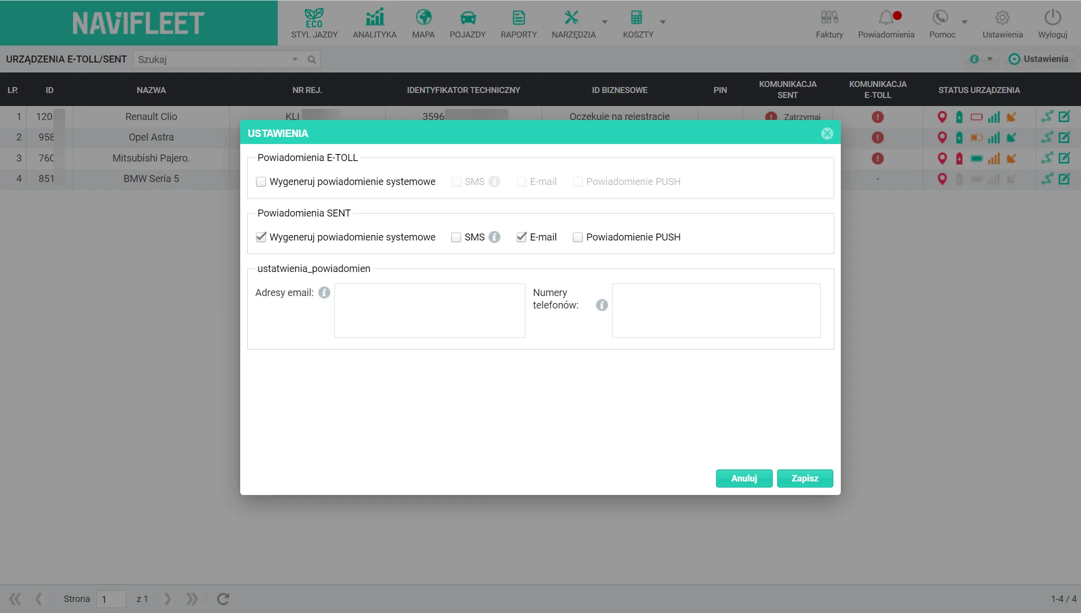 Description of the fields displayed: – screenshot of the Navifleet app