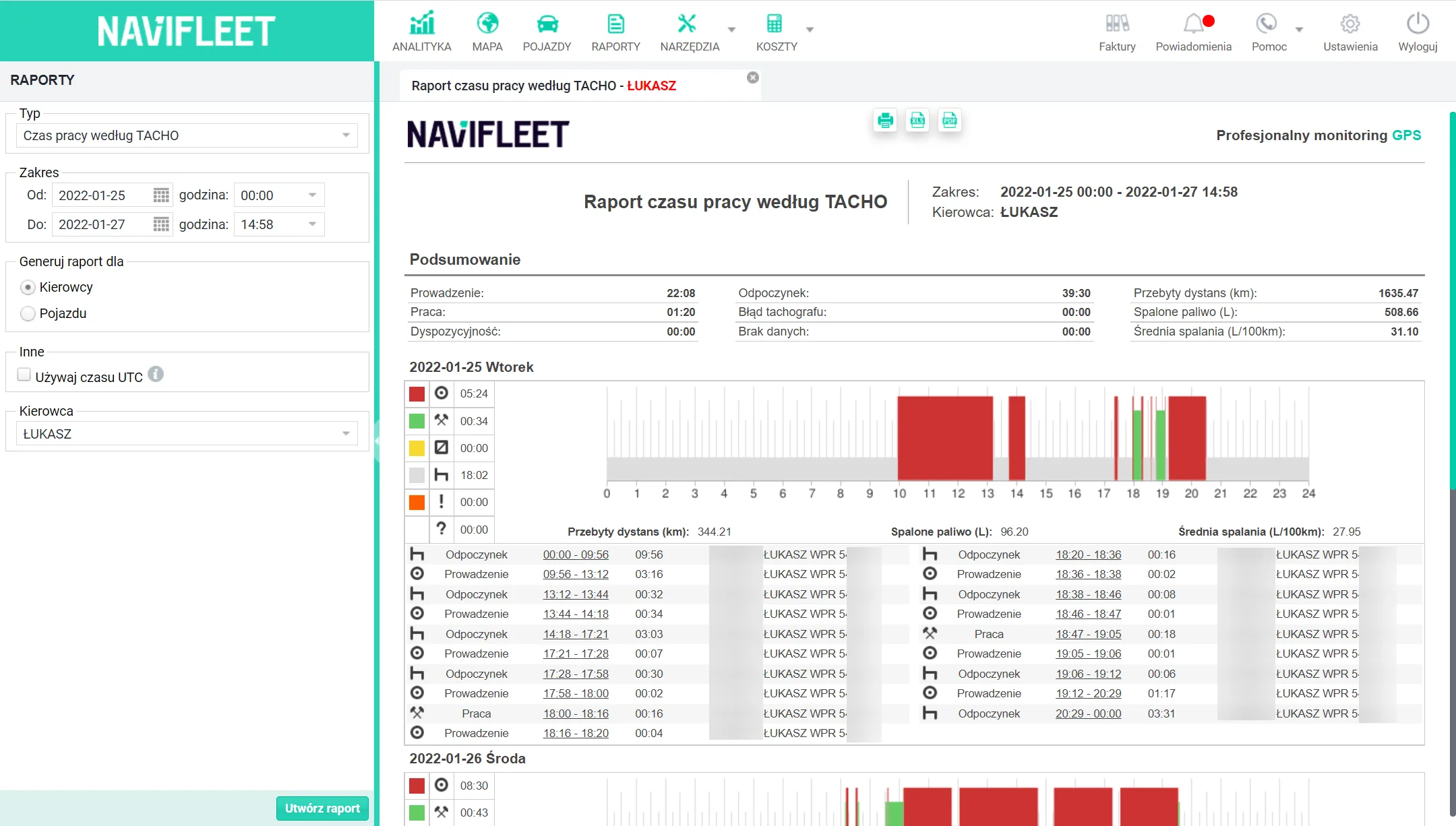 How to generate the working time report according to TACHO? – screenshot of the Navifleet app