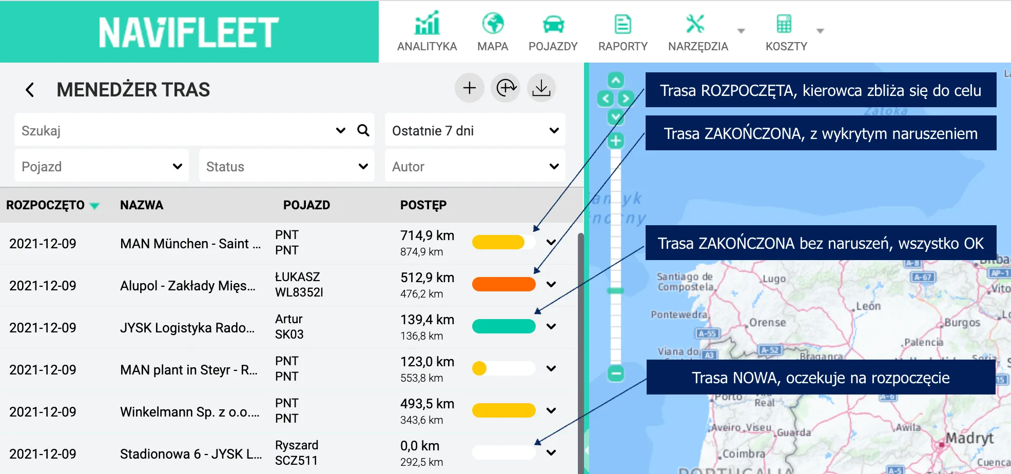 Monitoring route progress – screenshot of the Navifleet app