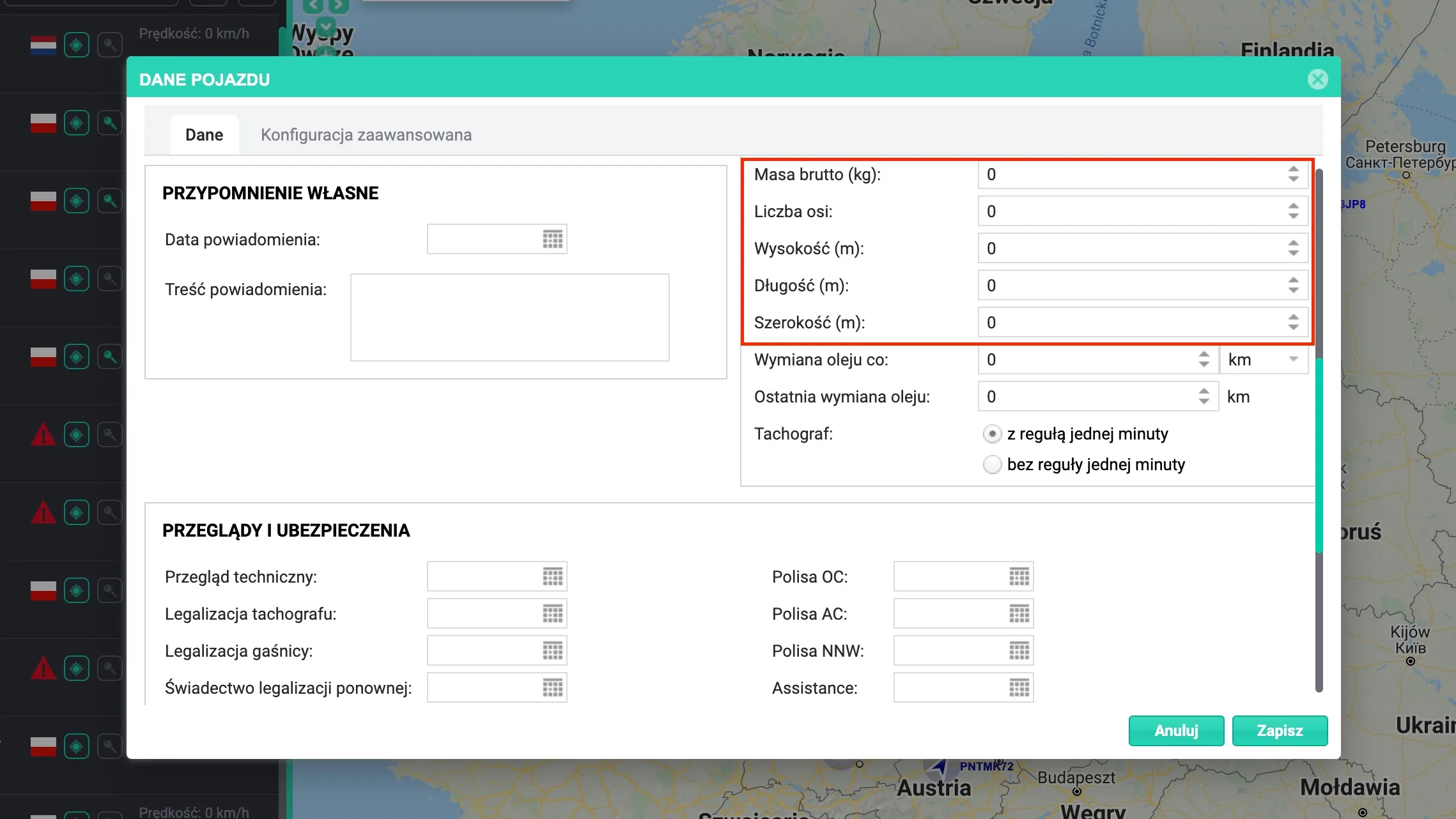 Rate settings in the Route manager – screenshot of the Navifleet app