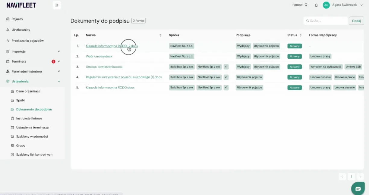 Deleting a document template – screenshot of the Navifleet app