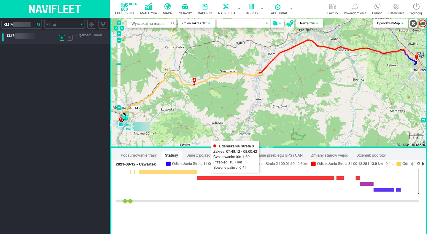Displaying a status in the route history or in a report – screenshot of the Navifleet app