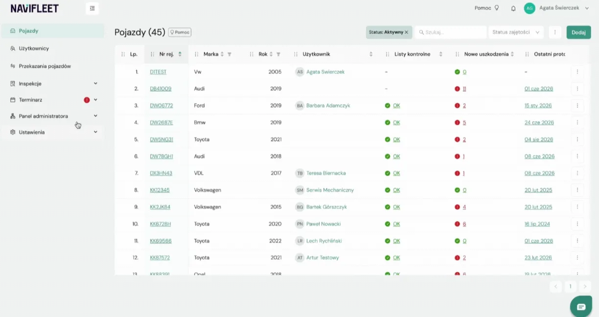 Editing a document template – screenshot of the Navifleet app