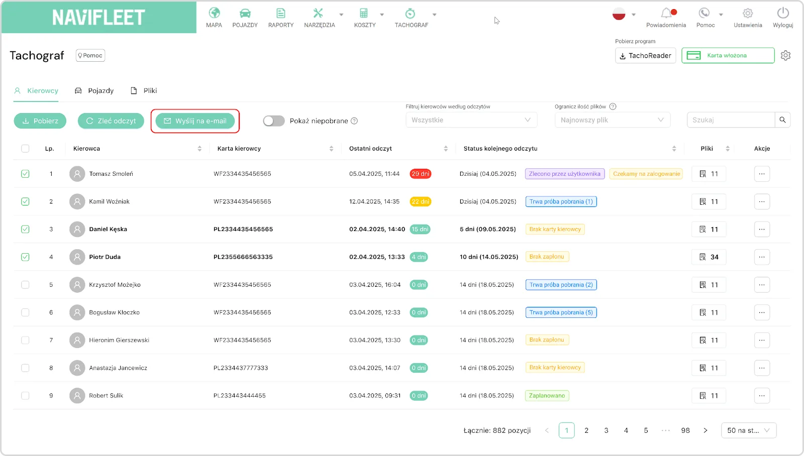 Sending data by e-mail – screenshot of the Navifleet app