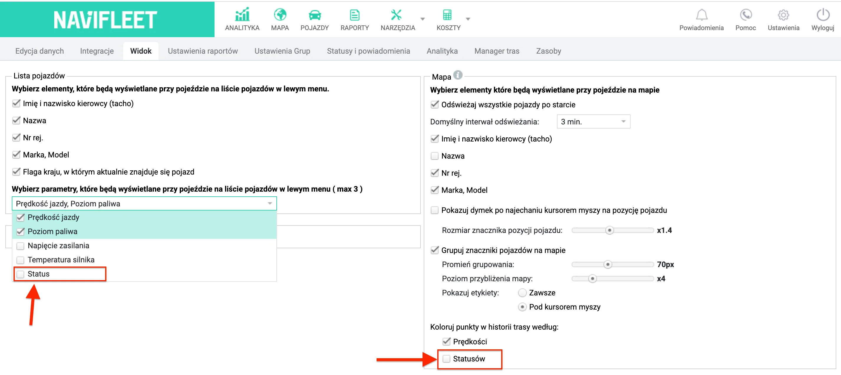 How to set how a status is displayed on the vehicle list and on the map? – screenshot of the Navifleet app