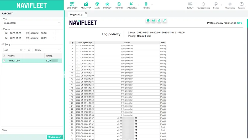 Private mode and the Trip log report – screenshot of the Navifleet app