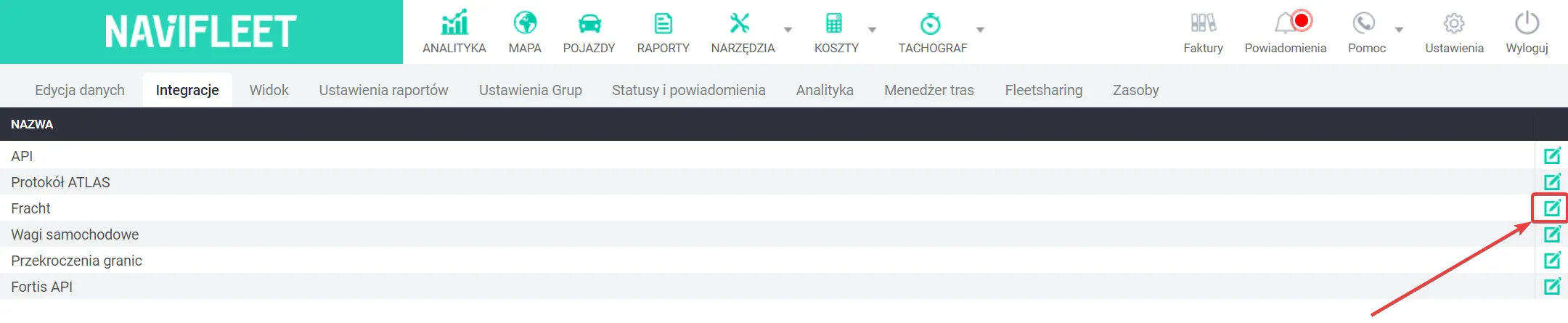 Fracht.lv integration – screenshot of the Navifleet app
