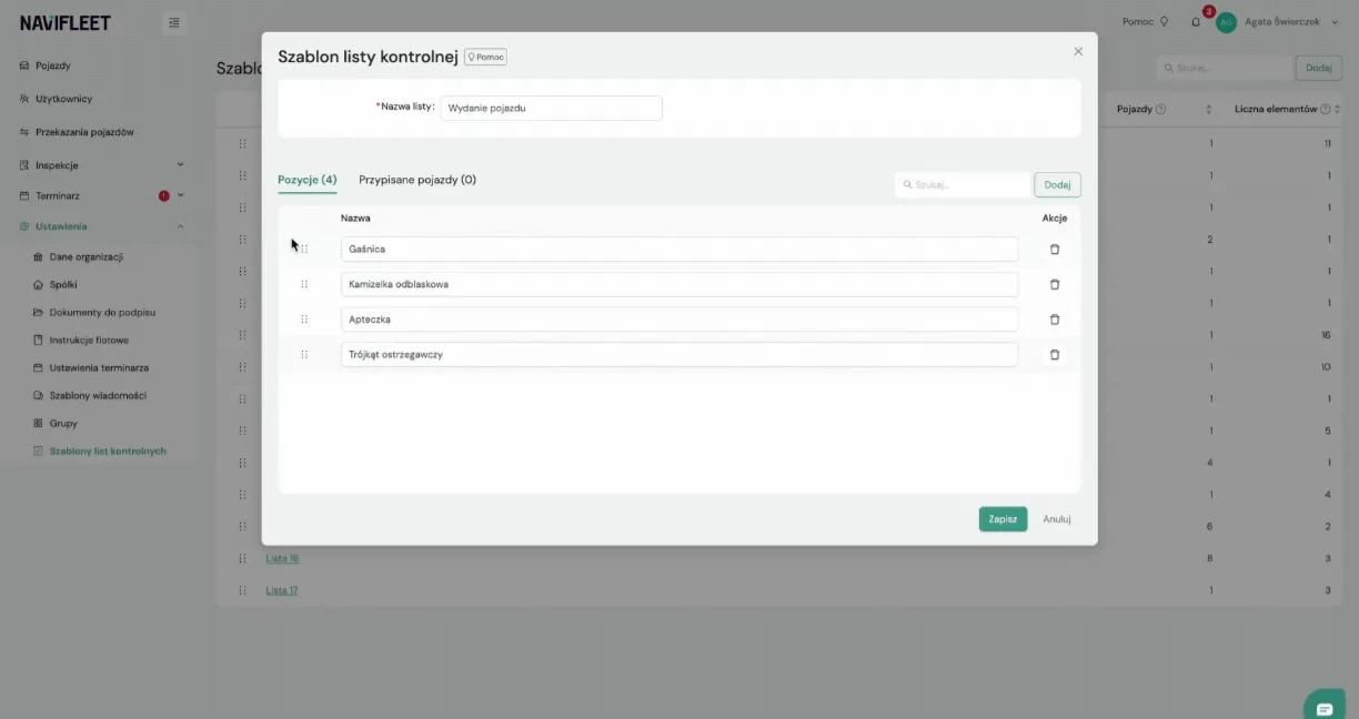 Creating a checklist template – screenshot of the Navifleet app