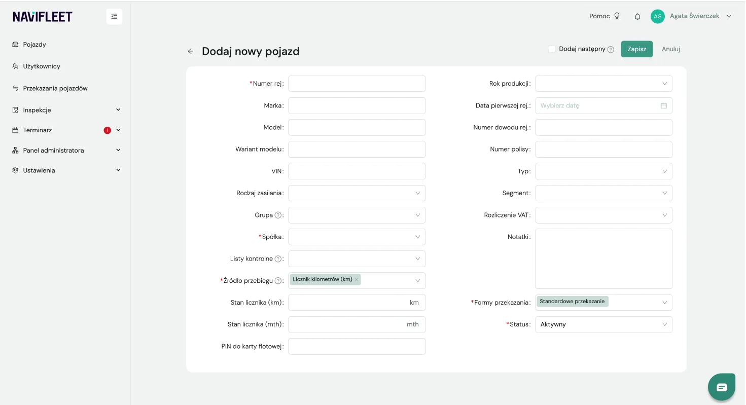 Explanation of the form fields – screenshot of the Navifleet app