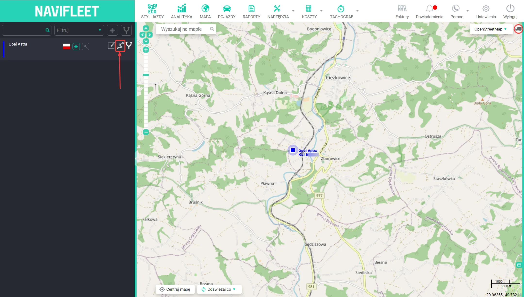 Route history – screenshot of the Navifleet app