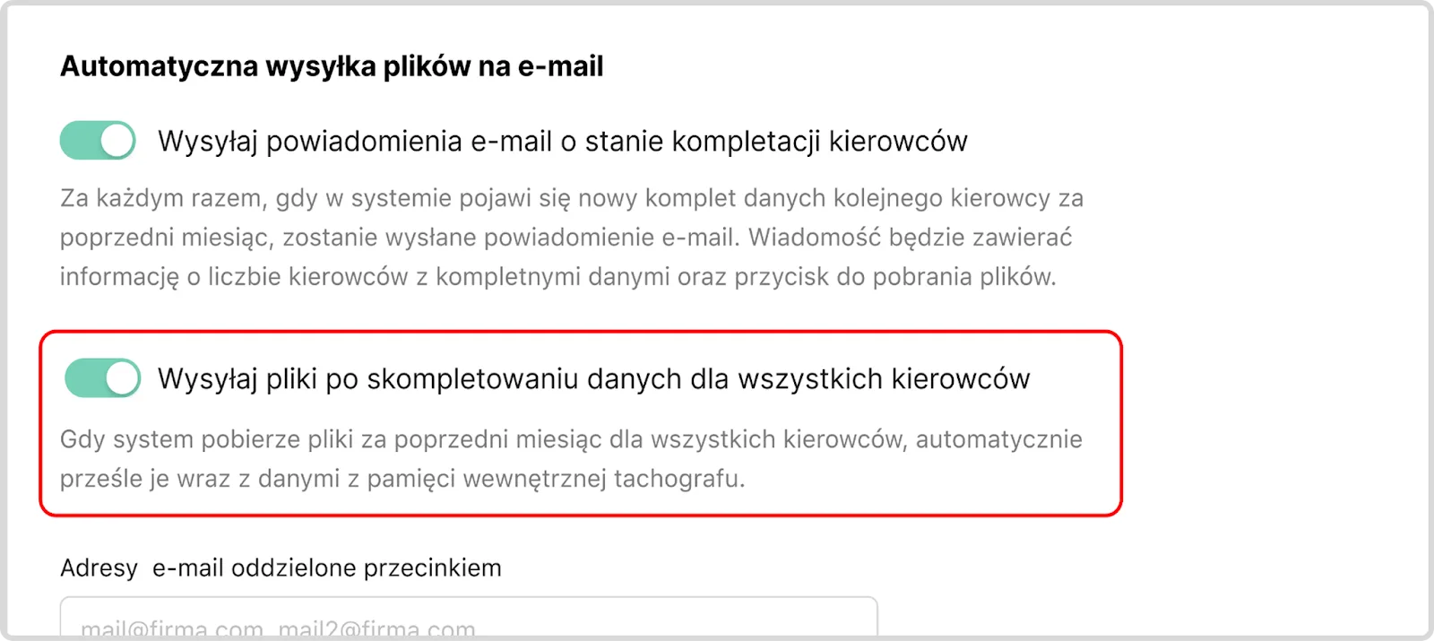 Automatic sending of files by e-mail – screenshot of the Navifleet app
