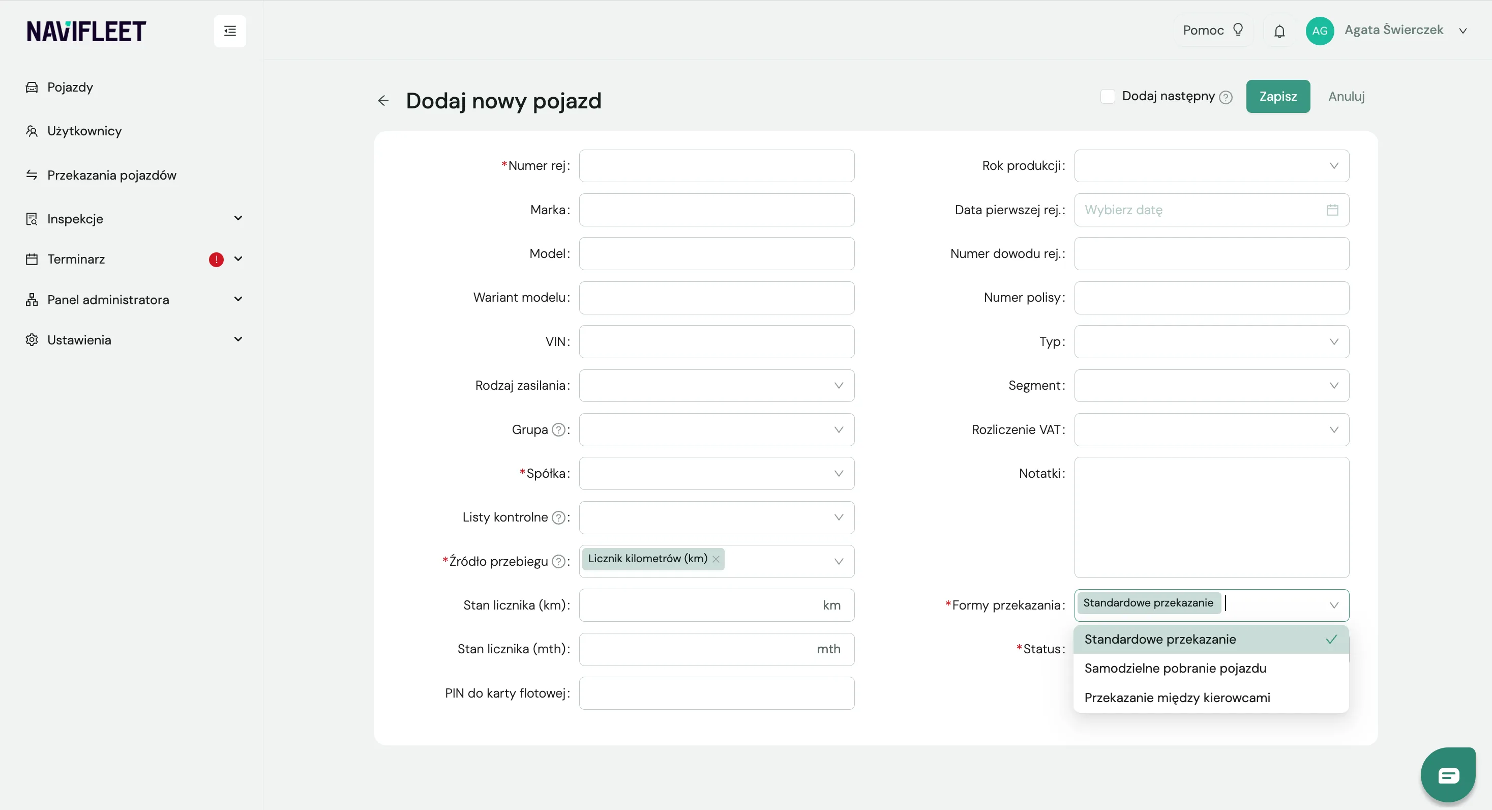 Explanation of the form fields – screenshot of the Navifleet app