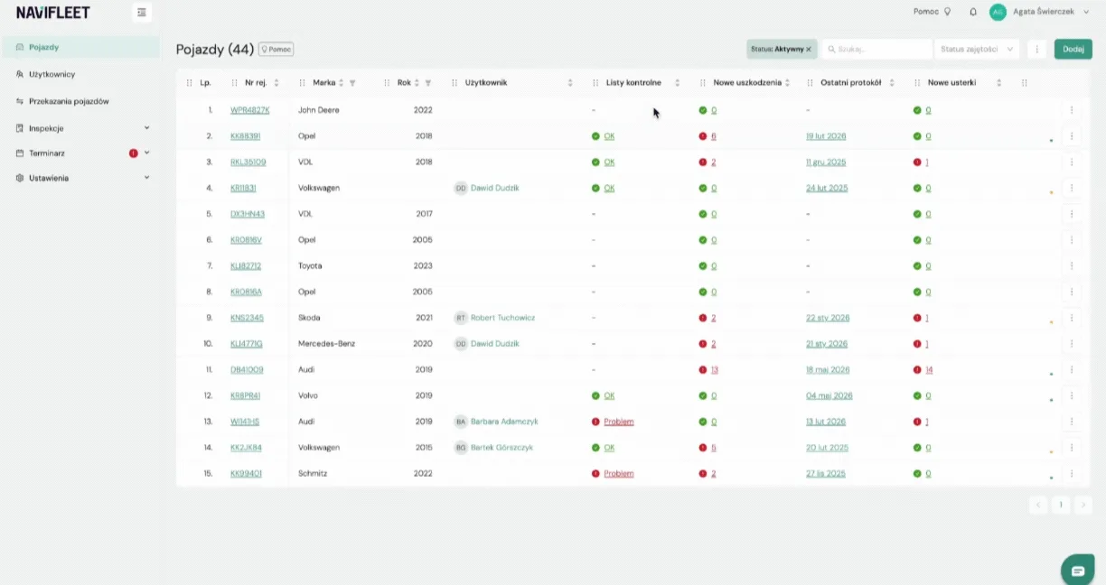 Odometer readings on the vehicle list – screenshot of the Navifleet app