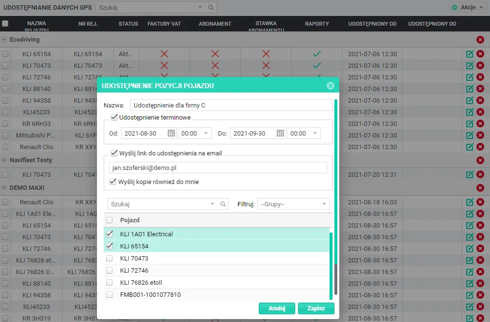 How to share a vehicle/vehicles by e-mail – screenshot of the Navifleet app