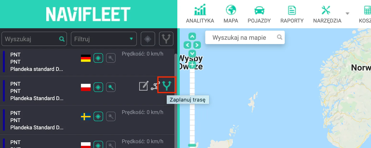 Planning a one-off route – screenshot of the Navifleet app