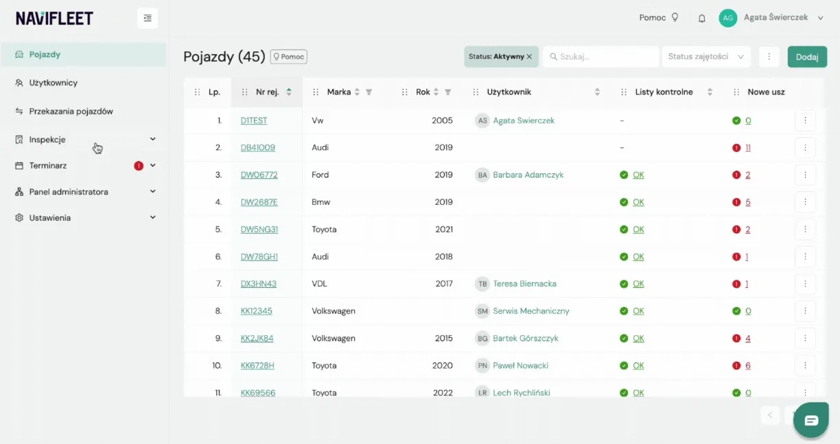 Method I - Inspections – screenshot of the Navifleet app