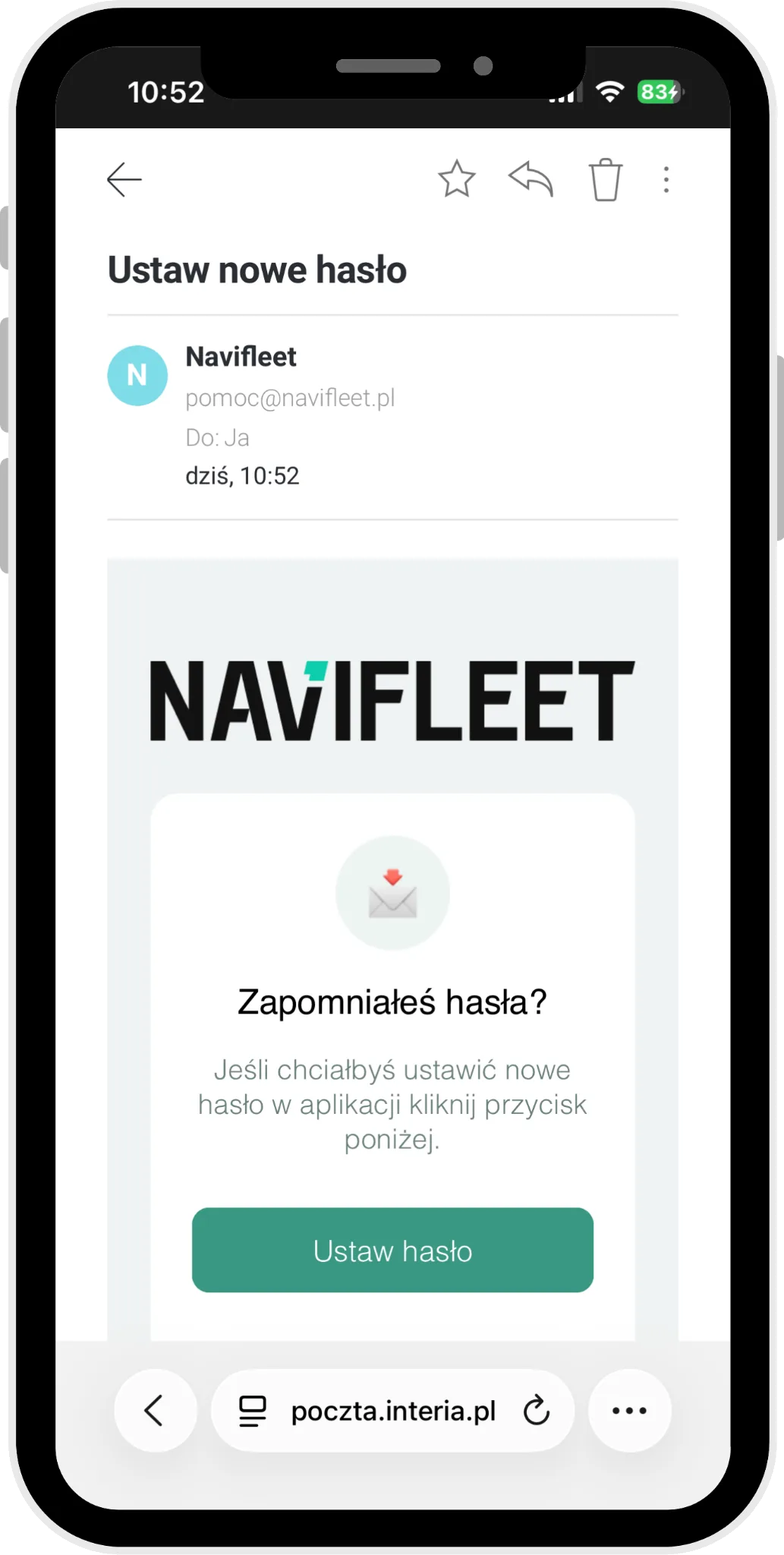 Setting a new password – screenshot of the Navifleet app