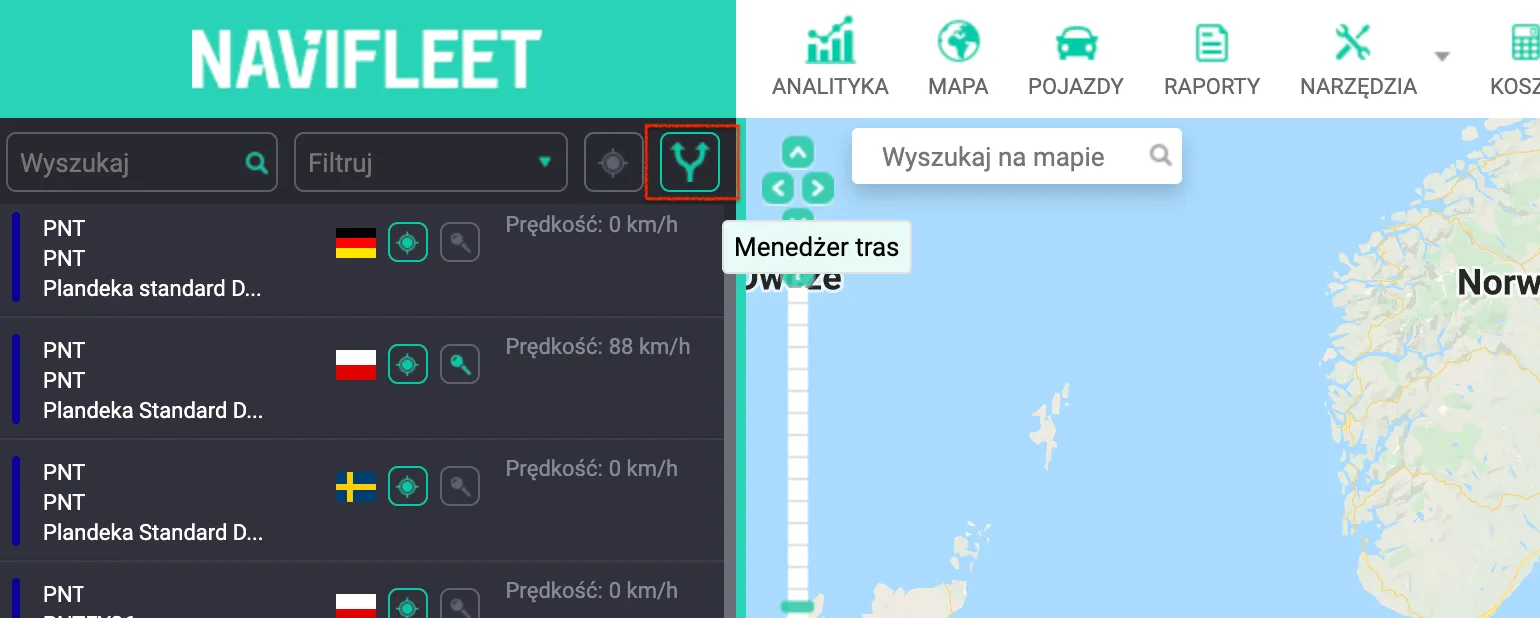 Planning a one-off route – screenshot of the Navifleet app