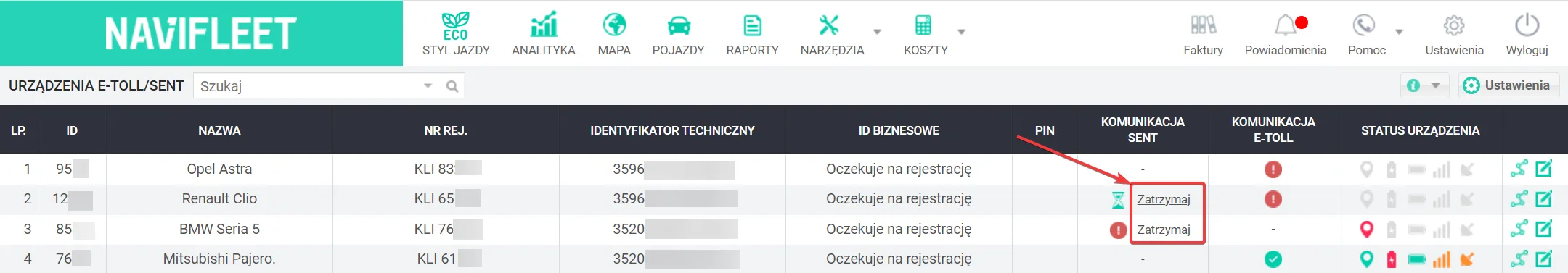 Communication with SENT in the Navifleet app – screenshot