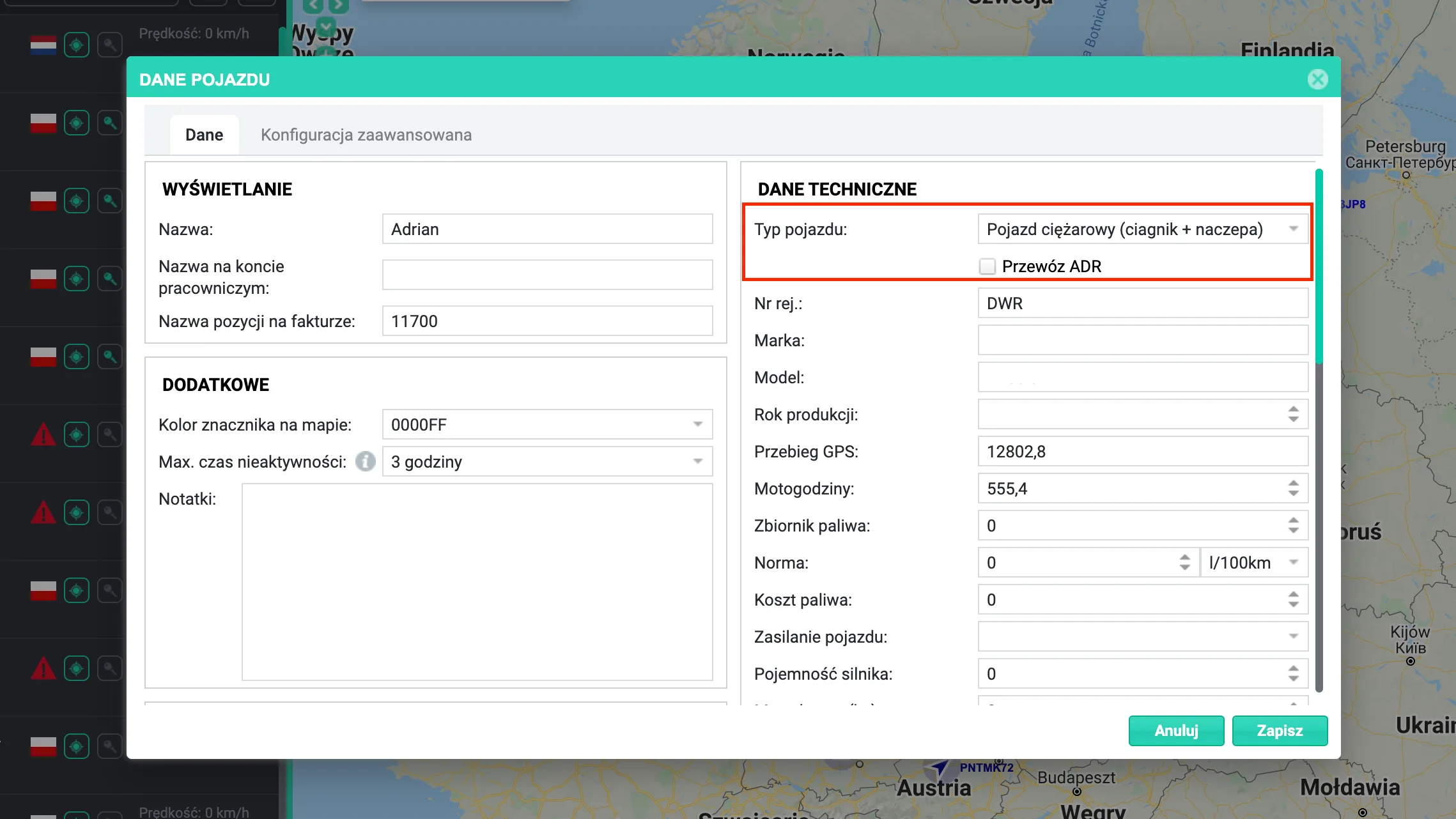 Rate settings in the Route manager – screenshot of the Navifleet app