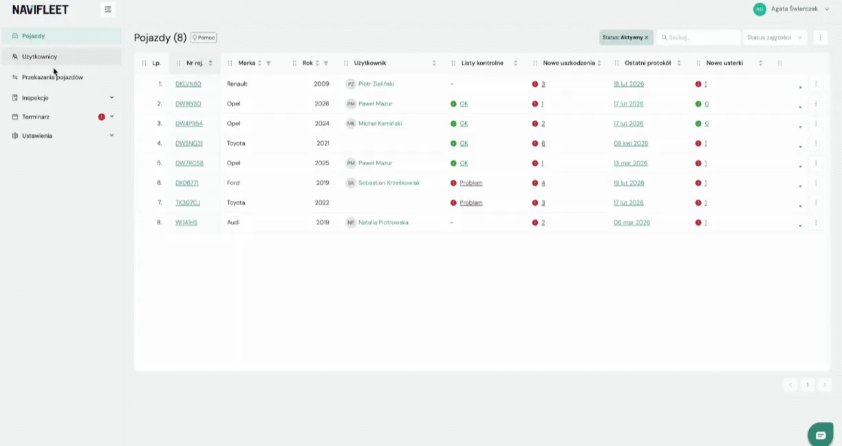 Reviewing the handover history – screenshot of the Navifleet app