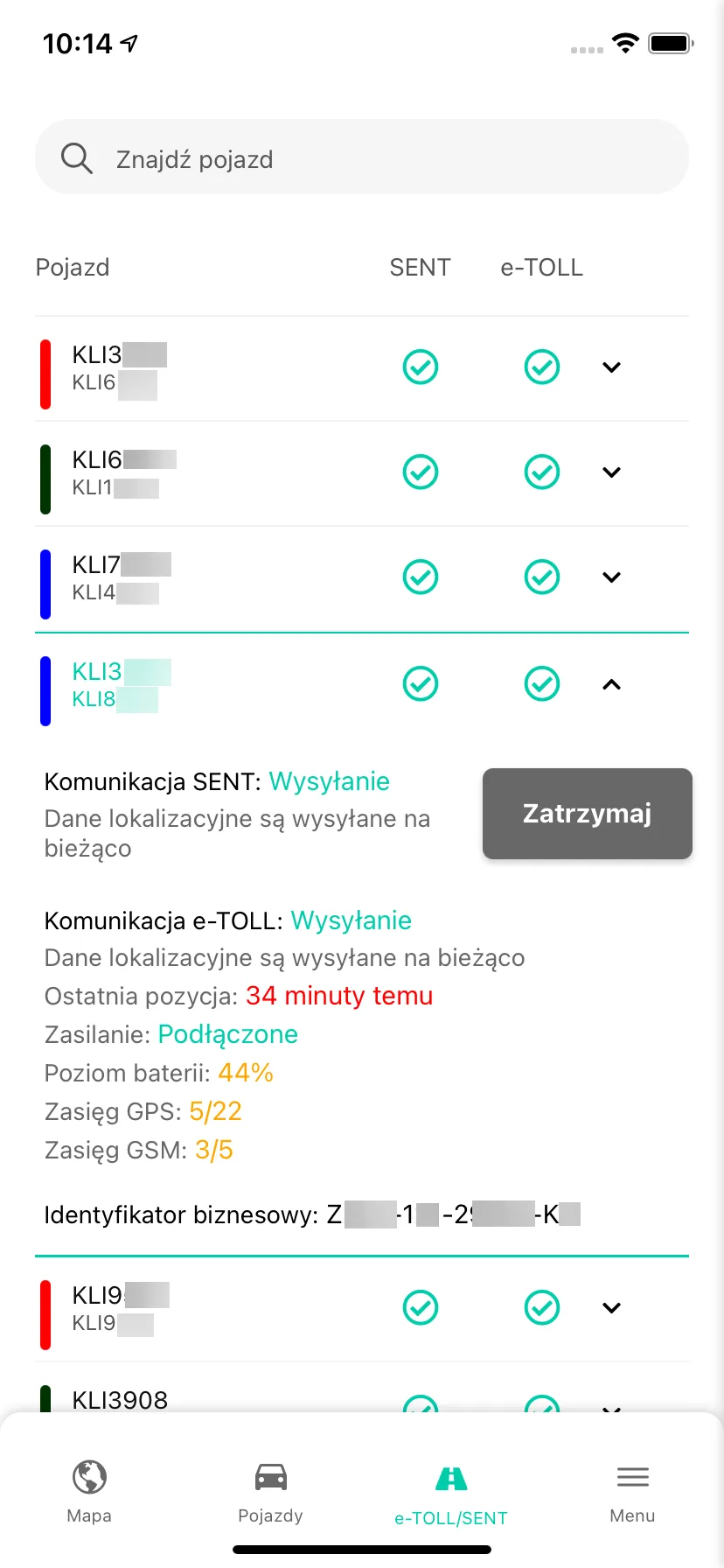 Checking the status of data transfer to e-TOLL – screenshot of the Navifleet app