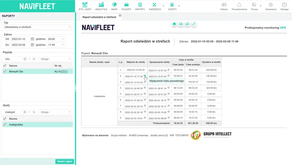 Private mode in the Zone visits report – screenshot of the Navifleet app