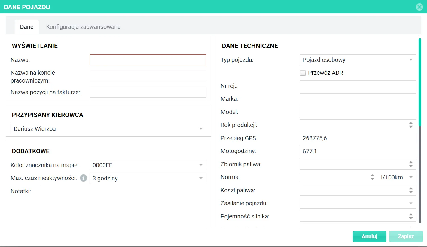 Editing vehicle data – screenshot of the Navifleet app
