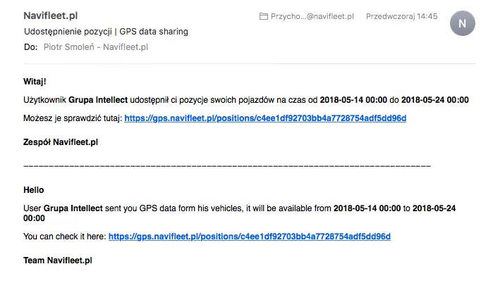 E-mail with a link to the shared vehicle positions
