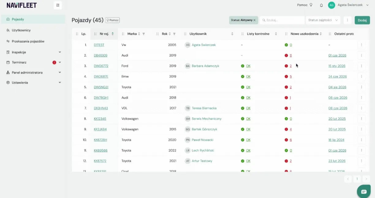 How to display the list of reported defects? – screenshot of the Navifleet app