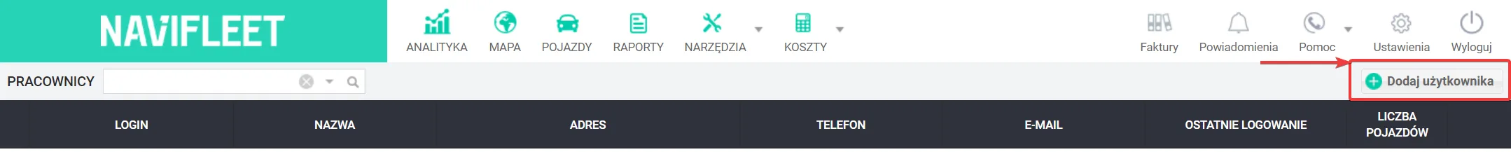 Adding an employee – screenshot of the Navifleet app