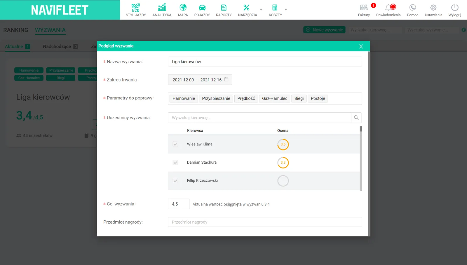 How to monitor challenges? – screenshot of the Navifleet app