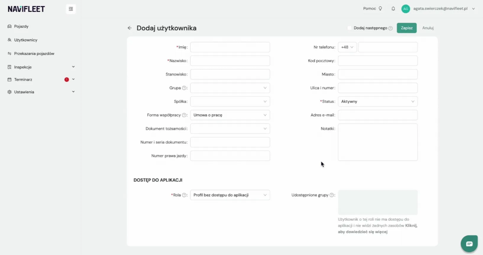 Explanation of the drop-down form fields – screenshot of the Navifleet app