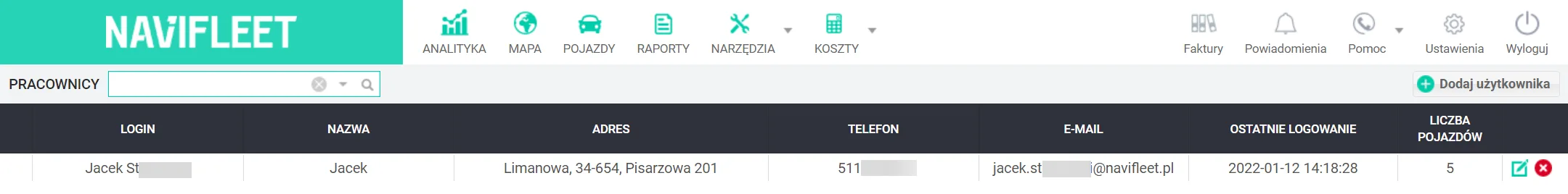 Adding an employee – screenshot of the Navifleet app