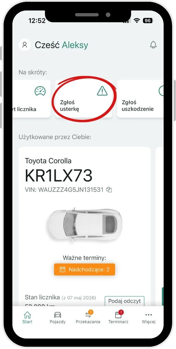 How to report a vehicle defect? – screenshot of the Navifleet app
