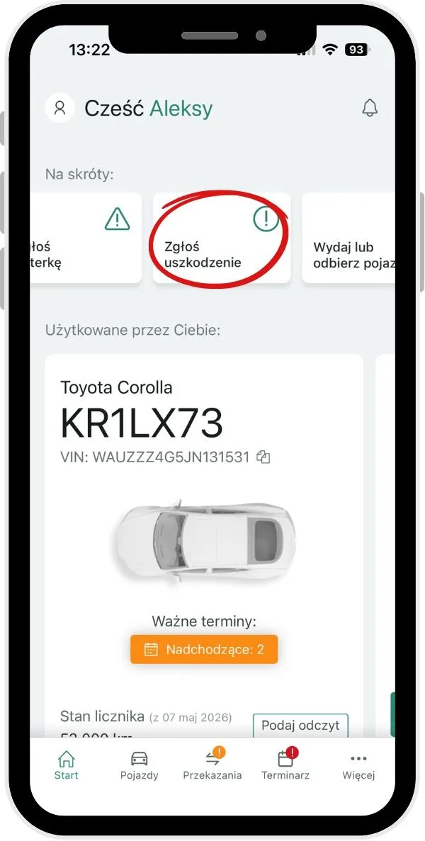 Adding damage in the mobile app – screenshot of the Navifleet app
