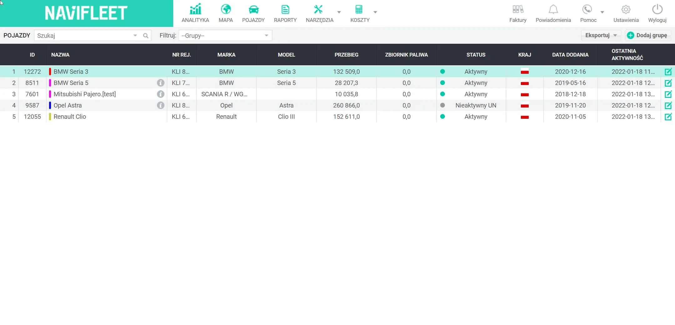 Activating vehicles – screenshot of the Navifleet app
