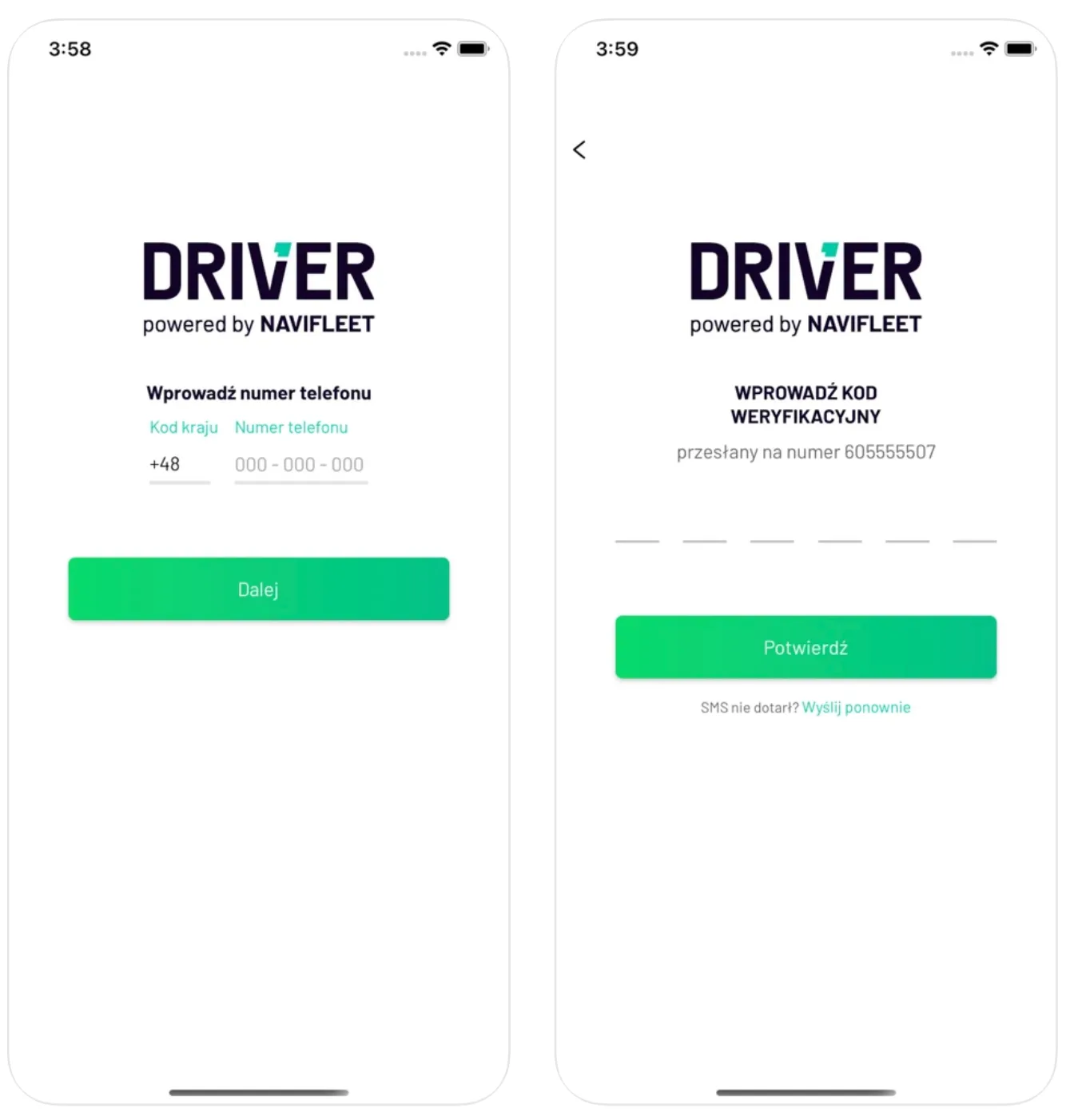 Logging in – screenshot of the Navifleet app