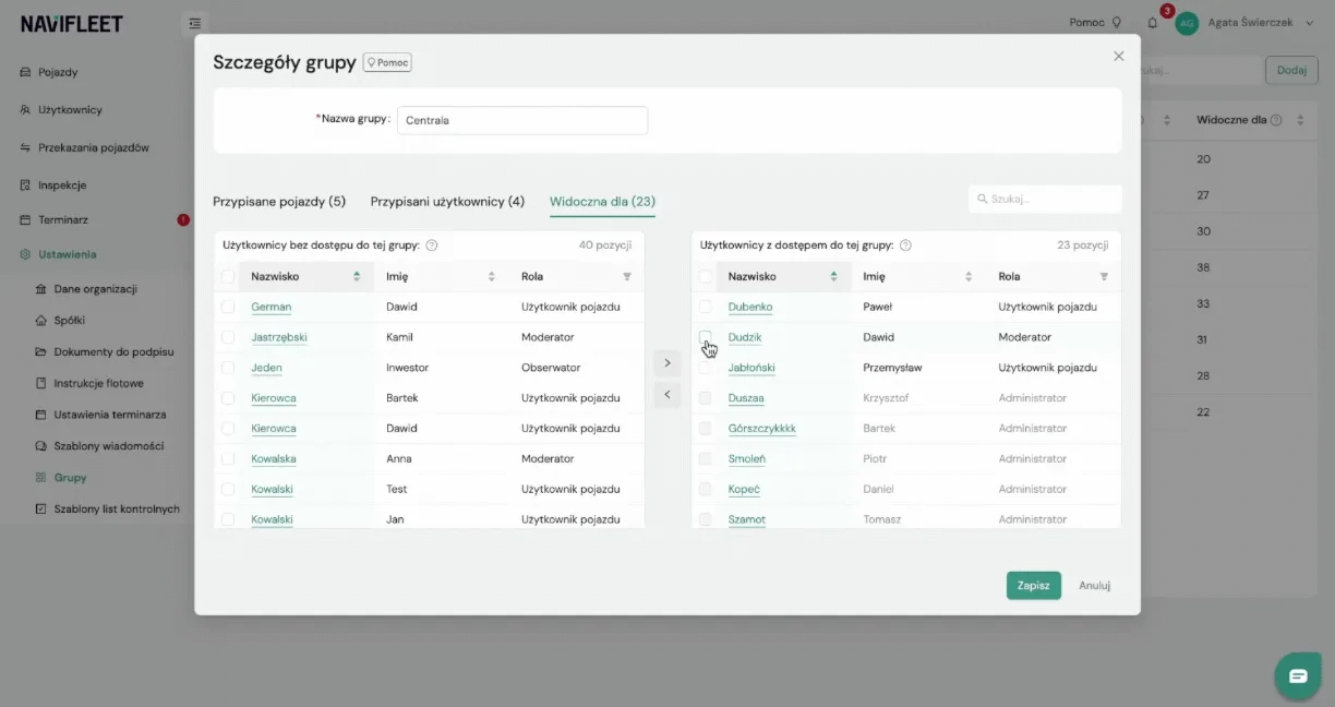 Adding a group – screenshot of the Navifleet app